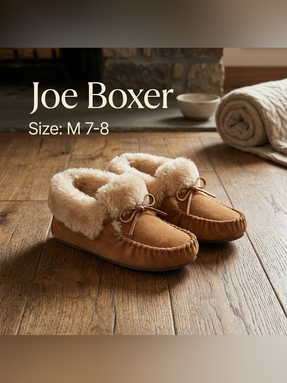 Joe Boxer Faux Suede Fur Lined Moccasin Bootie Slippers Tan Brown Women’s M 7-8